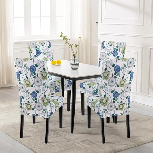 Image of SearchI Printed Dining Room Chair Covers Set of 4, Stretch Kitchen Chair Covers Washable Parsons Chair Slipcover Removable Dining Chair Protectors for Hotel,Ceremony(Green Flowers)