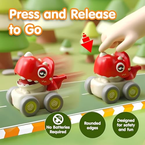 Image of ToyBharat Press n go Dino Cars with Whistle Music for Toddlers, Friction-Powered Dino Cars, Mini Press & Go Vehicles, Montessori Educational Toy for Boys & Girls