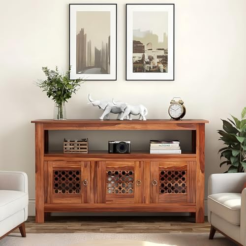 Image of Amazon Brand - Solimo Solid Sheesham Wood Jharokha Sideboard Cabinet with 3 Doors & 1 Open Shelf | Multipurpose Wooden Storage Organizer for Living Room, Bedroom, Kitchen, Office (Honey Finish)