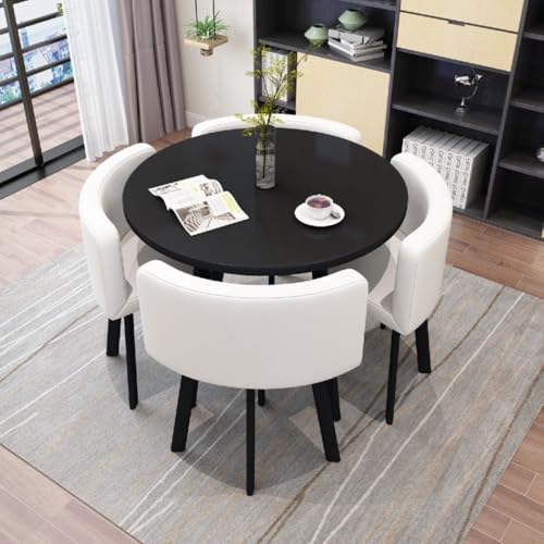 Image of Round Faux Marble Reception Table and Chairs Set, Dining Table Set for 4, Space Saving Reception Desk for Home and Apartment, Office, Conference Room, Lounge