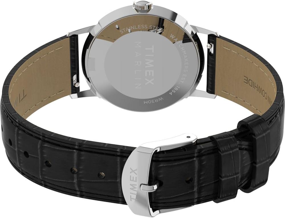 Timex Unisex Marlin Quartz 34 mm Quartz Watch - Black Leather Strap with Silver-Tone Dial and Stainless Steel Case TW2Y37600