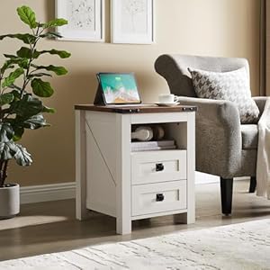 Redlemon farmhouse nightstand with charging station rustic 18 inch end table with 2 storage drawers and open shelf wood sofa side table for bedroom living room antique white  urban country home decor