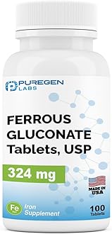 Puregen Labs Ferrous Gluconate 324 mg [High Potency] Iron Supplement, Gentle on Stomach - 100 Tablets
