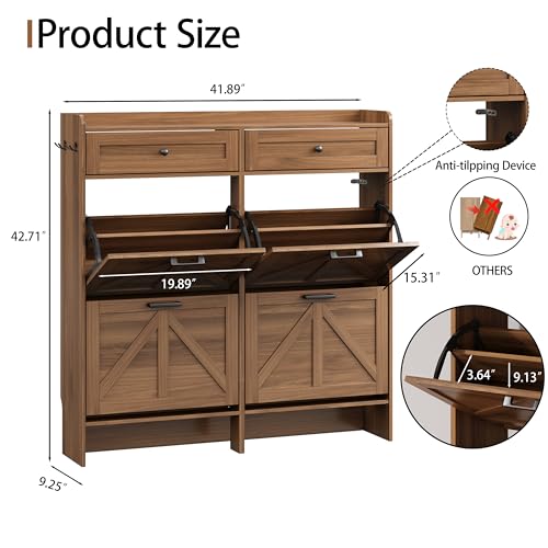 Image of Shoe Cabinet with 4 Flip Drawers & 2 Top Drawers, 43 inch Tall Freestanding Narrow Wooden Shoe Storage Organizer for Entryway, Hidden Slim Shoe Rack for Front Door Entrance, Hallway, Living Room, Walnut