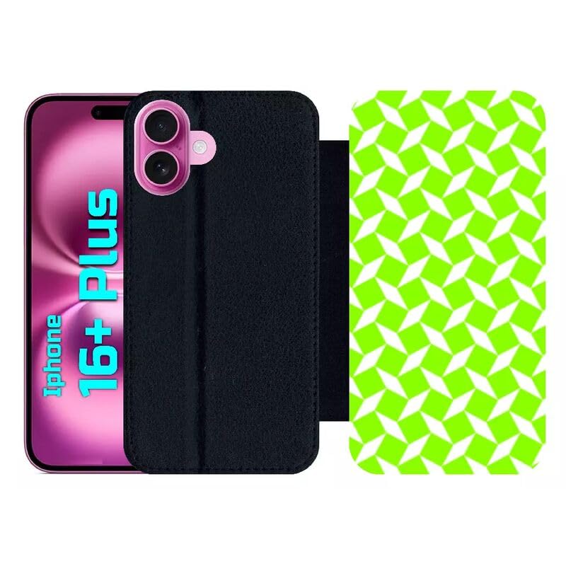 Étui à rabat iPhone 16 Plus en simili-cuir noir avec motif à carreaux verts protecteur