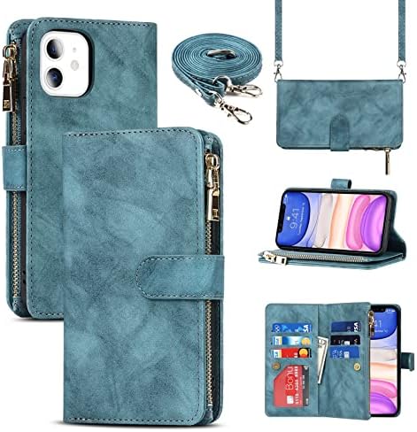 Jaorty iPhone 11 Phone Case Wallet for Women Men with Credit Card Holder, iPhone 11 Crossbody Case with Strap Shoulder Lanyard, Zipper Pocket PU Leather Cases for iPhone 11,6.1 Inch Blue