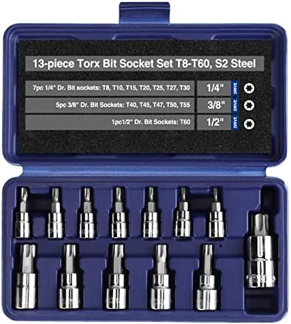 WORKPRO 13-piece Torx Bit Socket Set, 1/4", 3/8" and 1/2" Drive T8-T60, S2 Steel, with Storage Case (For Hand Use Only)