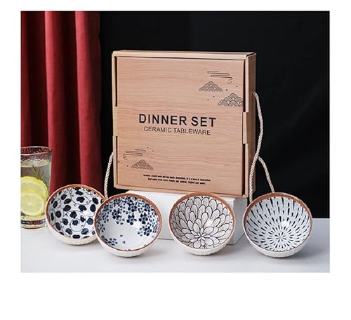 RYHMHA Japanisches Reisschalen-Set, 10 Unzen dickes blaues und weißes Porzellan, Küchen- und Dessertschalen (4-teilig mit Geschenkbox)
