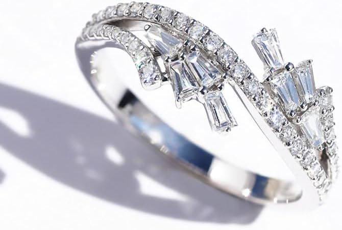 ENDLESSNESS & ETERNITY Twisted Half Eternity Cubic Zirconia CZs Emerald Cut Ring 14K White Gold Plated Wedding Band Ring - Image 4