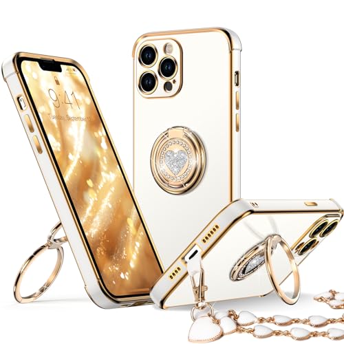 Image of XYZ for iPhone 13 Pro Max Back Cover Case with Ring, Double Ring Holder Stand, Portable Wrist Strap, Luxury Cute Bling Protective Phone Cover Case for iPhone 13 Pro Max, White