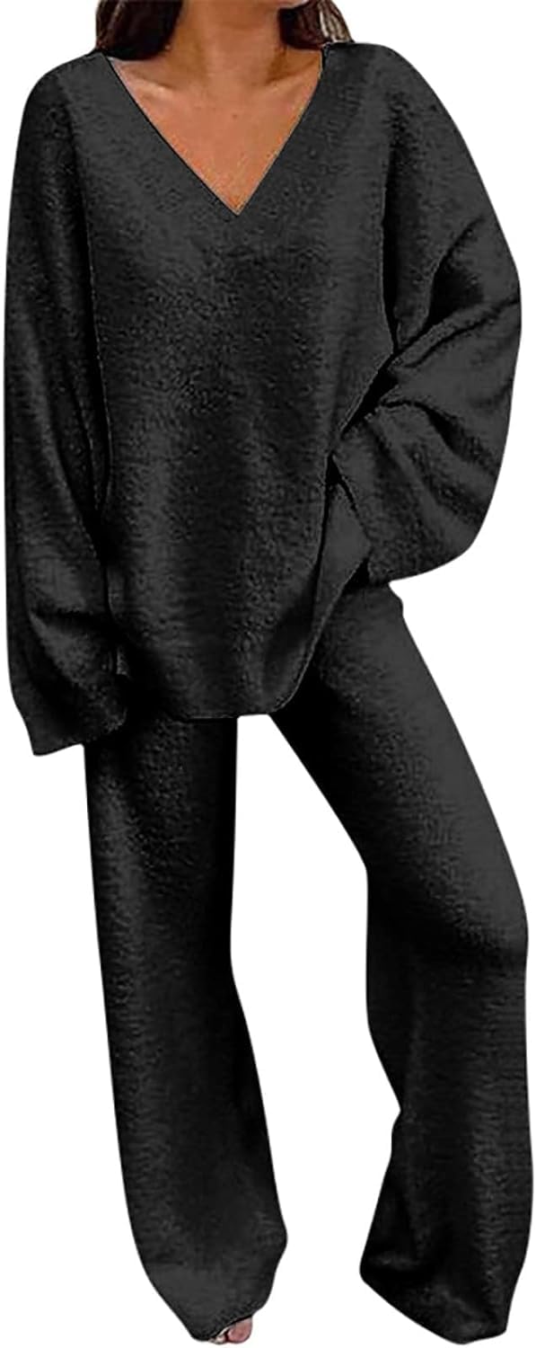 Conjunto de pijama de forro polar de 2 piezas para mujer, suéter de manga larga con cuello en V, pantalones de pierna ancha, ropa de descanso y ocio
