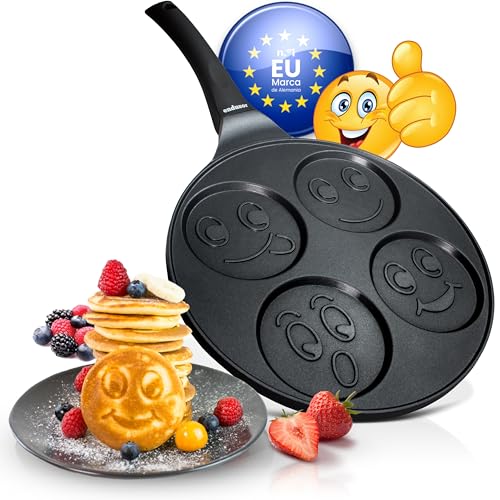 endusor Sartén tortitas y pancakes para niños con motivo smiley   Sarten 26cm con 4 hoyos y protección antiadherente   Todo tipo de cocinas e inducción   Sartén divida para panquecas tortitas