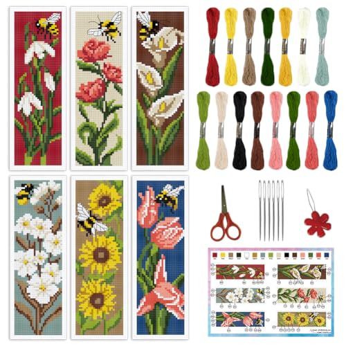 Image of INFUNLY 6pcs DIY Tulips Cross Stitch Bookmark Kits for Adults Beginner 2.99''x8.54'' Calla Stamped Embroidery Bookmark Kit with Instruction Daisy Freesia Embroidery Bookmark Set for Book Lovers