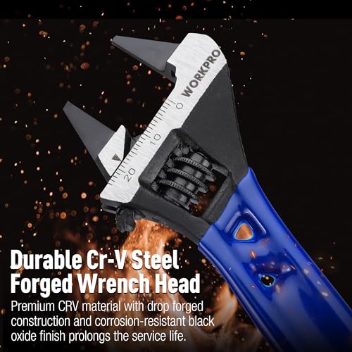 WORKPRO 4" Stubby Wide Opening Adjustable Wrench, Thin Jaws | 2mm Slim Jaws, Easy Access to Tight Spaces, Metric/SAE Scales, Cr-V Steel, Small Adjustable Wrench, Blue - image 8