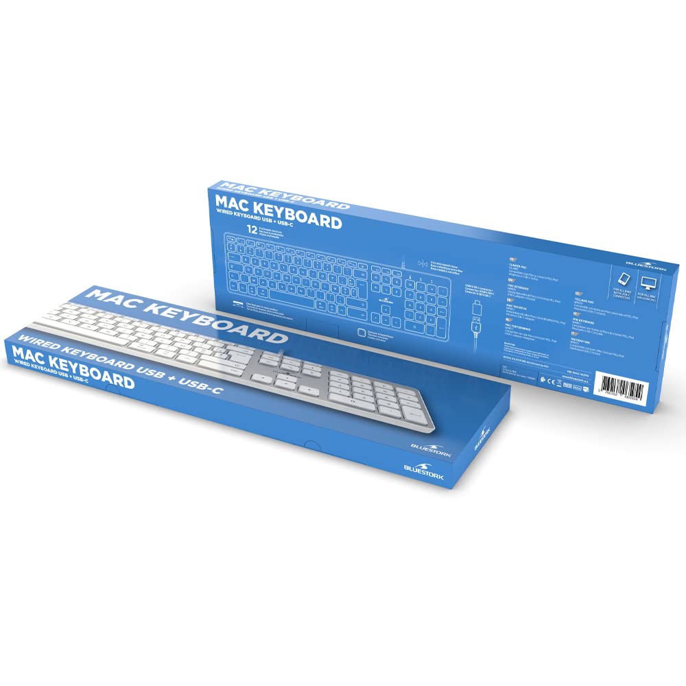 Bluestork Clavier Français AZERTY Filaire pour Mac - Touches Concaves et Silencieuses, 13 Raccourcis Multimédia, Adaptateur USB/USB-C
