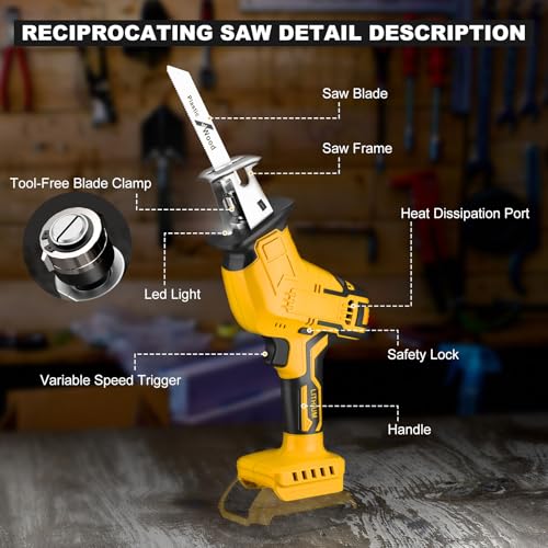 Image of Cordless Reciprocating Saw for Dewalt 20V Battery, 150W Power Brush Reciprocating Saws, 0-3500 SPM Variable Speed, 4 Saw Blades Kit Cutting Tool for Wood Metal PVC (Battery Not Included)