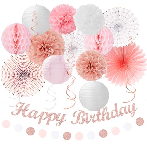 Image of Pink White Rose-Gold Birthday Party-Decorations - 21pcs Happy Banner, Paper Lanterns,Tissue Pom Poms Flower Fan,Honeycomb Ball,Swirl Streamers Garland Supplies Decor Girls Women Huglony
