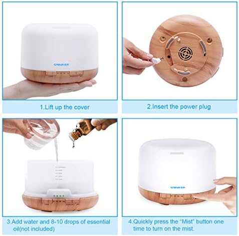 Sminiker Diffuser 500ML Essential Oil Diffuser Adjustable Mist Mode and Waterless Auto Shut-Off with Wireless Remote, 7 LED Light Colors Diffusers for Home