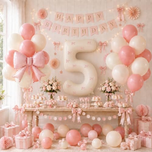 Image of 40 Inch Pink Beige Number 5 Balloon Tower with Bow 5th Birthday Decorations