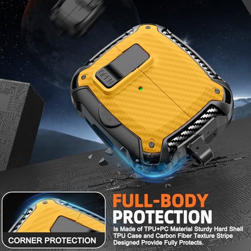 Image of Safety Lock Case for Samsung Galaxy Buds3 FE /Pro /3 (Yellow) | Compatible with MagSafe, Carbon fibre texture Design,with Phone Stand& Cleaning kit,Keychain,