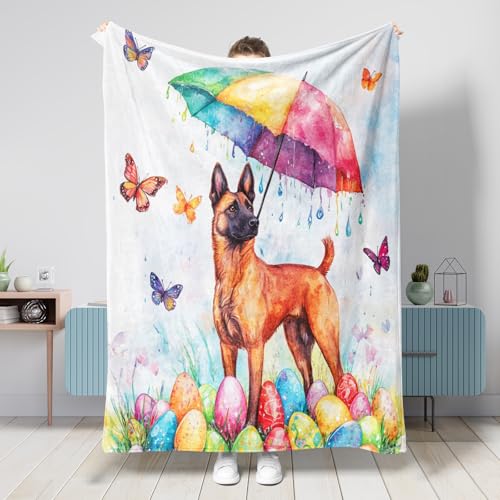 Manta de primavera y Pascua con diseño de perro malinois belga de 60 x 80 pulgadas, divertida manta de franela cálida y esponjosa para dormitorio, camping, sofá de mascotas