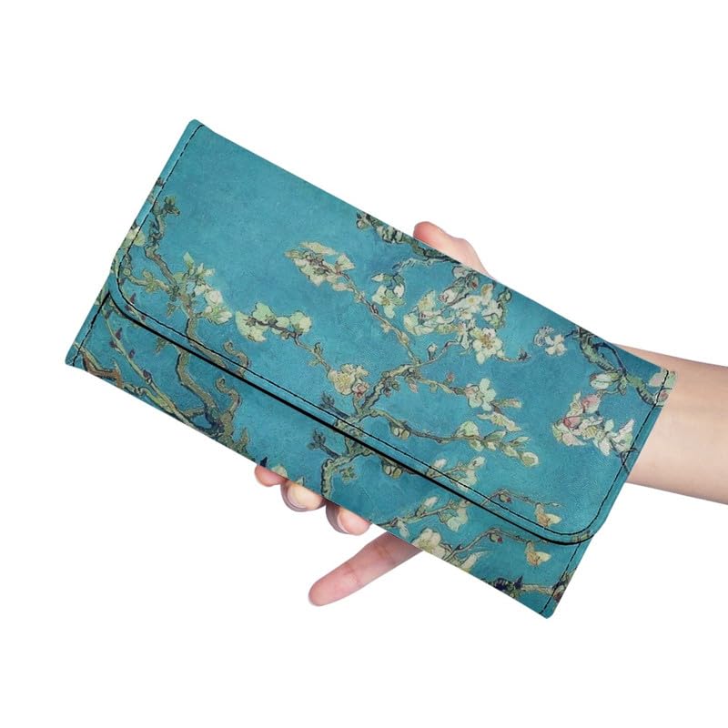 Almond Blossom Women's Vintage Leather Long Tri-fold Wallet, Flowers Leather Wallets Oil Painting Art Checkbook Wallet with ID Card Transparent Slot3
