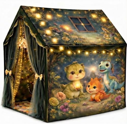Image of Kids Play Tent House with Dinosaur Theme, Polyester, Dark Green, Foldable, for Boys and Girls Aged 4-10 Years