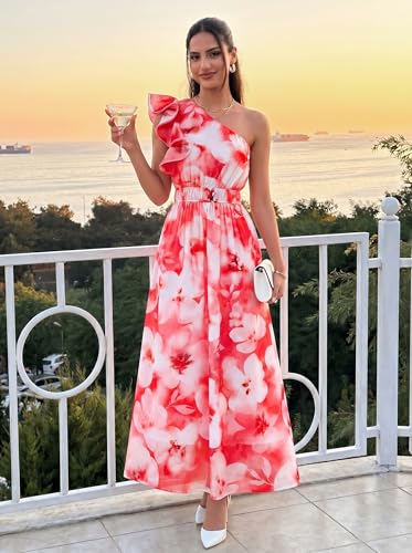 Image of ZESICA Women's 2026 Summer Floral Sleeveless Maxi Dress | One Shoulder, Sleeveless, Ruffle, High Waist, Beach Wedding Guest, Vacation, Graduation, Bridal Shower, Boho Long Dresses