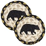 Cabin Drink Coasters, Braided Jute with Black Bear Design, Woven Coaster for Mugs and Cups, Table Décor, 5 Inches (Set of 2)