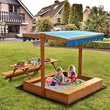 FUNTOK 76''x45''x45'' Kids Wooden Sandbox with Picnic Table & Storage Boxes, Sand Box with Foldable Bench Seats, Lid, Retractable & Rotatable Canopy for Backyard, Patio, Outdoor Play