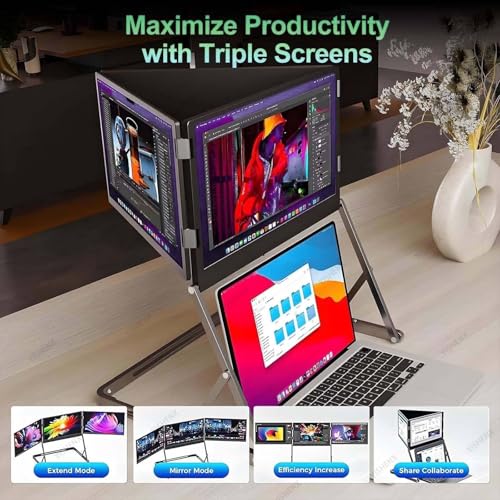 Image of Laptop Triple Screen Monitor, 15.6 inch Full HD Foldable Extender, 100% Srgb, 360 Rotation, 178 Wide View, 3 Levels Height Adjustment, Low Blue Light, for Programmers Coding & Document Viewing