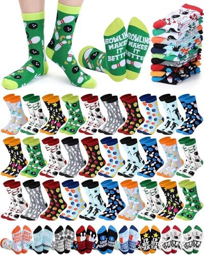 Berlune 30 Pairs Novelty Bowling Socks for Men Funny Bowling Crew Socks Bulk Sport Party Favors Gift for Bowlers Lovers Fathers Day Accessories