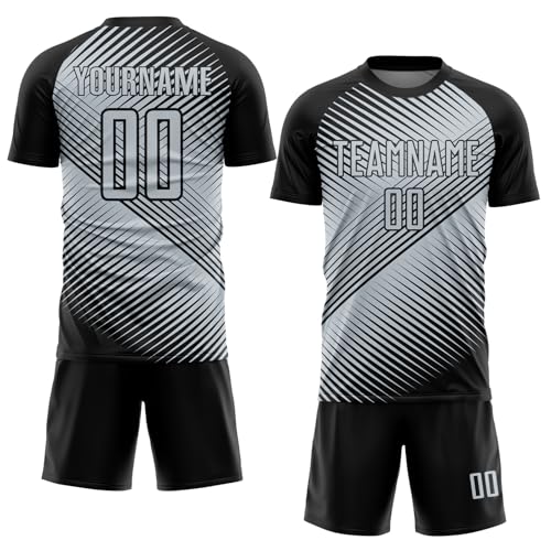 Custom Soccer Jersey for Women Men Youth Name Logo Number Personalized Sport T Shirts Shorts Set Customized Team Football Uniforms Boys Gifts, Gradient Color, Geometry Stripes, Black & Gray
