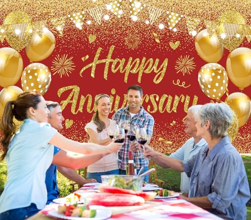 Image of Wedding Anniversary Banner Red Gold Happy Decorations for Women Men Party, Indoor Outdoor Decor Supplies 71 * 43 Inch