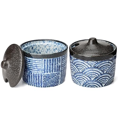Evannt Salt and Pepper Bowls Ceramic Condiment Jars with Lids Porcelain Salt Cellar Set of 2 Japanese Style Condiment Pots Seasoning Jars Box (Blue)