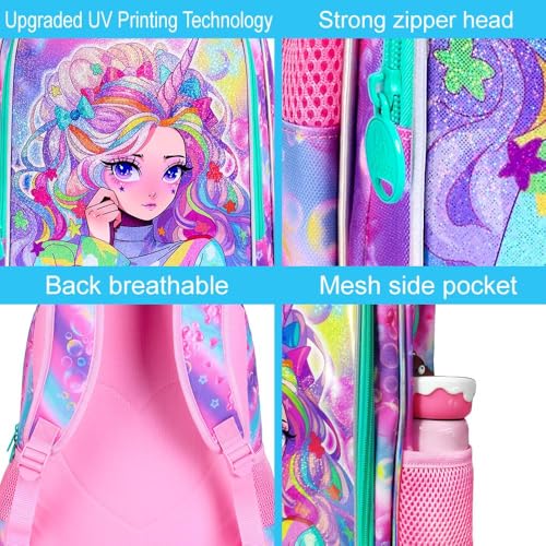 Image of CCJPX 3PCS Backpack for Girls, 16 inch Unicorn Water Resistant Preschool Bookbag with Lunch Box, Kids School Bags for Elementary Kindergarten Toddler