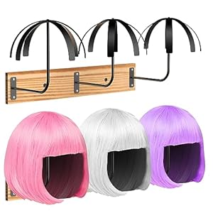 Hanging Wig Stand for Multiple Wigs, 6 PCS Wall Mounted Wig Hanger Holder, Durable Wig Storage Organizer Rack for Wig Display, Storage, Styling, Drying (Carbon Steel and Wood)