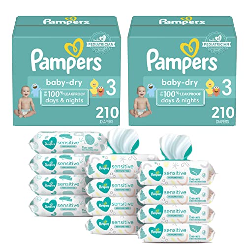 Image of Pampers Baby Dry Disposable Baby Diapers Size 3, 2 Month Supply (2 x 210 Count) with Sensitive Water Based Baby Wipes, 12X Pop-Top Packs (864 Count)