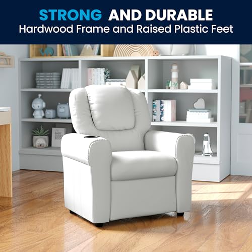 Image of Flash Furniture Vana Vinyl Kids Recliner with Cup Holder, Headrest, and Safety Recline, Contemporary Reclining Chair for Kids, Supports up to 90 lbs., White