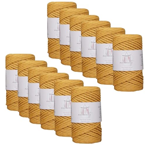Makromecity, 12 Skeins of Single Strand Macrame Cord 3 mm x 100 Yards (300 feet) 3mm Single Strand Natural Cotton Cord for Macrame Art & Crafts for Wall Hangings Recycled Cotton (Mustard, 12 Skeins)