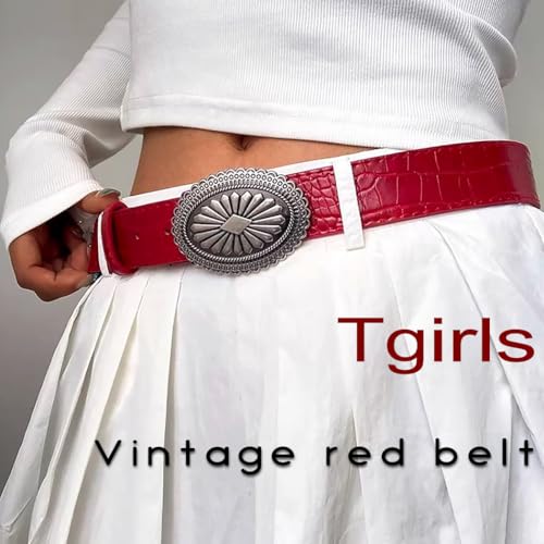 Tgirls Red Belts for Women Vintage Cowgirls Leather Belt Country Western Belt with Silver Buckle4
