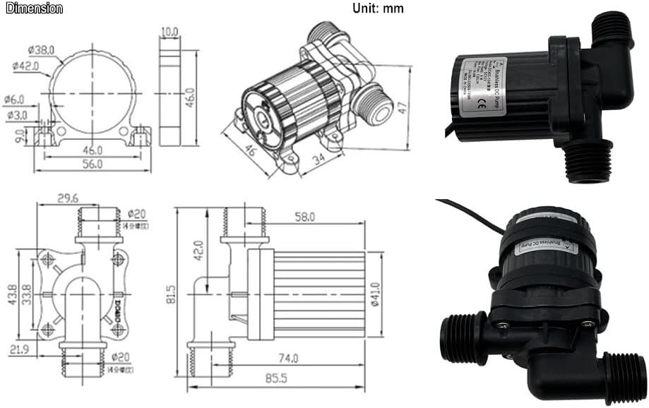 Miniatura 5 de SHYSKY DC40C-1240 Bomba de agua CC sin escobillas micro 12V 14W, 4M 13ft, flujo 720LPH, puertos roscados de 12 pulgada, seguro bajo ruido estable