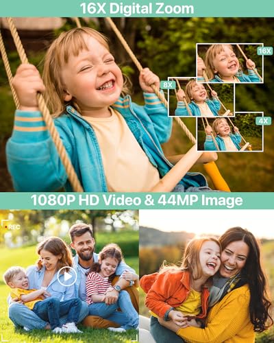 Image of Digital Camera 1080P Camera 44MP Camera Portable Compact Camera with 2.4 Inch LCD Screen, 16x Digital Zoom, 32G Micro Memory Card, 1 Battery for Children, Teenagers, Students, Beginners, Green