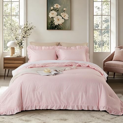 Image of Gingham Ruffle Comforter Set Queen - 3 Piece Pink Checkered Bedding Set - Aesthetic Cottagecore Ruffled Farmhouse Comforter with 2 Pillow Shams - Soft, Lightweight All Season Bedding (90 inchx90 inch)