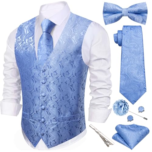 Image of Barry.Wang Men's Suit Vest Tie Bowtie Set Formal Silk Paisley Waistcoat Hanky Cufflinks Lapel Pin Set Wedding Party 7PCS