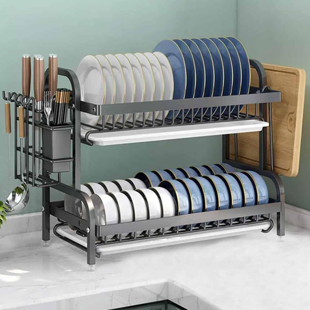 Gziztx 2 Tier Dish Drainer Rack, Multifunctional Dish Rack with Drip Tray Utensils Holder and Board Holder, Rustproof, for Kitchen Countertop Space-Saving, Black