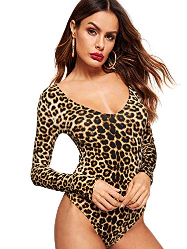 MakeMeChic Women s Casual Pullover Tops Bodysuit Long Sleeves Jumpsuit C Leopard L