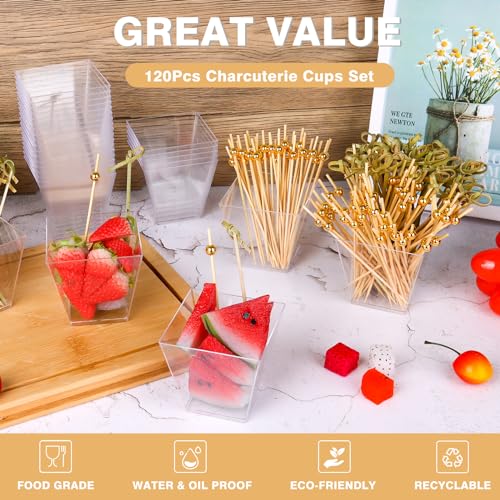 ALEXPRE 120 Pcs Plastic Disposable Charcuterie Cups with Sticks, 100 Portable Bags, 200pcs Cocktail Picks (2 Types), 7oz Clear Dessert Cups Appetizer Cups for French Fry, Party Supplies