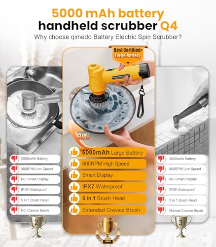 Image of qimedo Battery Electric Spin Scrubber Q4, Handheld Scrubber for Cleaning with Display, Power Dish Scrubber with 5 Heads, Shower Cordless Cleaning Brush for Bathroom /Sink /Window