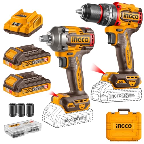 Image of Ingco 20V Cordless Impact Wrench 405NM And Impact Drill 66NM, Brushless Motor, Variable Speed, LED Work Light, with 2Pcs 2.0Ah Battery And Charger, Packed by Carrying Case